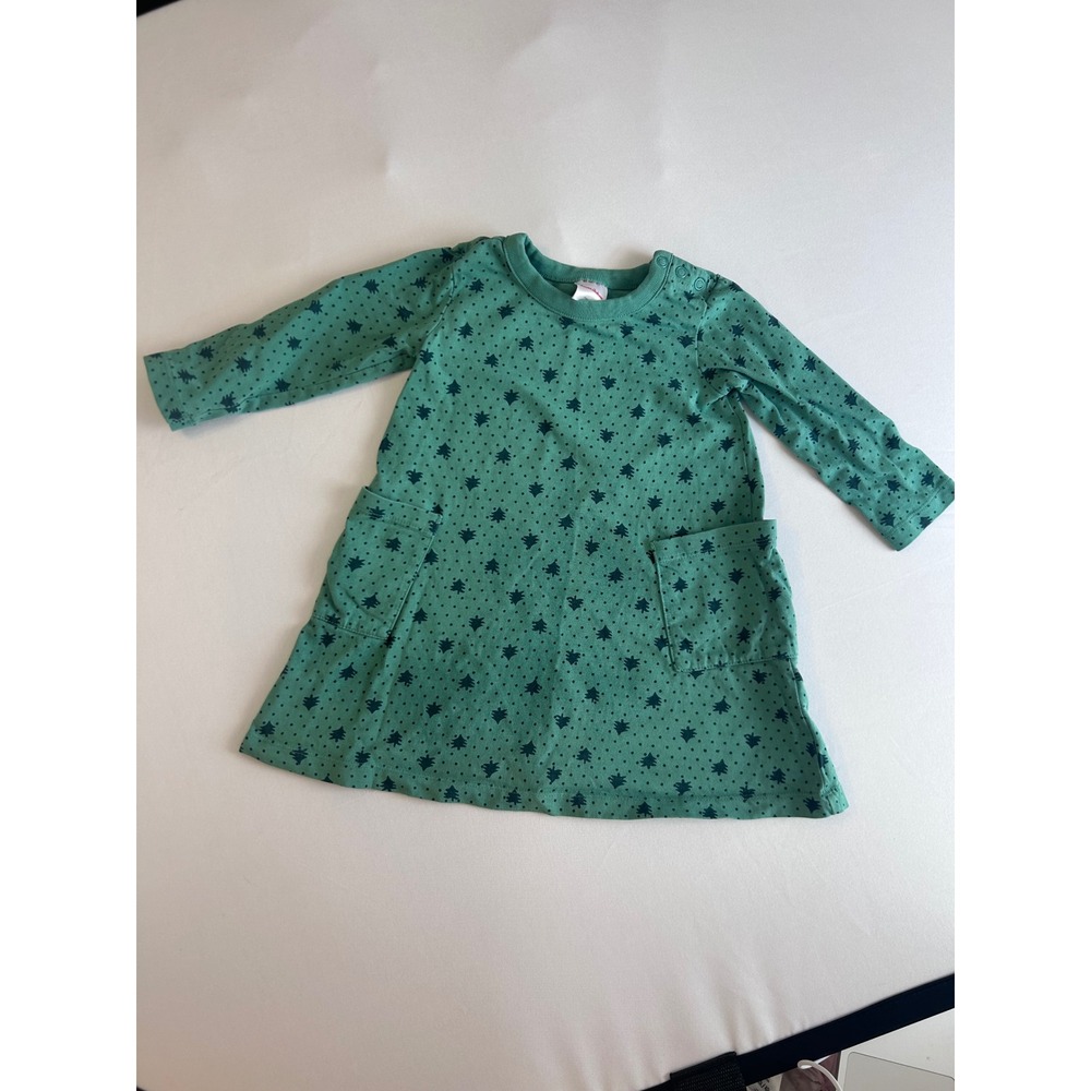 Hanna Andersson A-Line Dress Toddler 2T Green Pine Tree Print Long Sleeve
